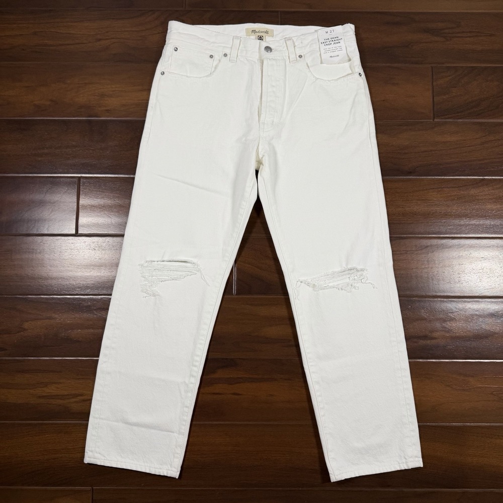 Madewell Size 27 White‎ Distressed The Dean Easy Straight Crop Denim Jeans NV398